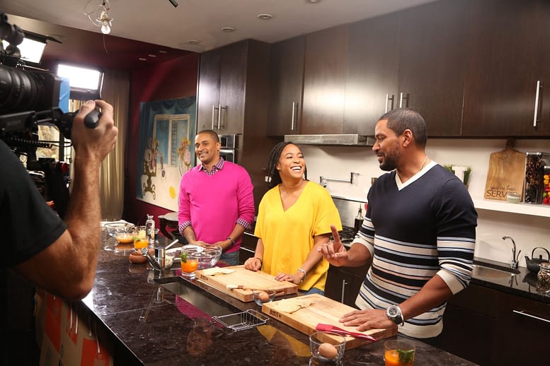 Chef JJ Johnson on set with friends on CLEO TV's Just Eats with Chef JJ