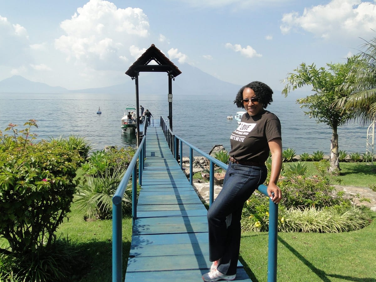 Sheree Wiliams on the dock of Hotel Atitlan