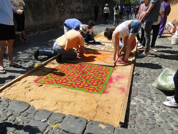People making carpets for Holy Week in Antigua, Guatemala