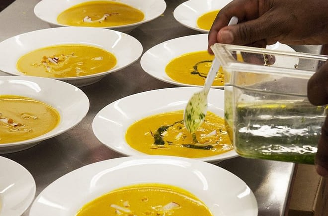 Spiced Carrot and Saffron Soup with Radish Pickles and Lemon Oil