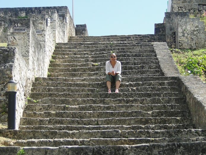 Sheree Wiliams on the stairs to the Monument of Abolition in Guadeloupe 